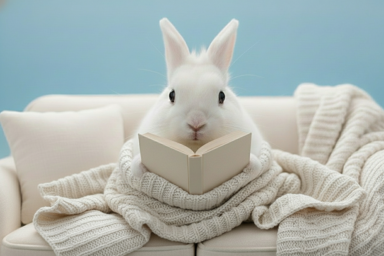 Ein realistisches Bild eines Hasen mit einem hellblauen Hintergrund, der ein Buch liest auf einem Sofa. 