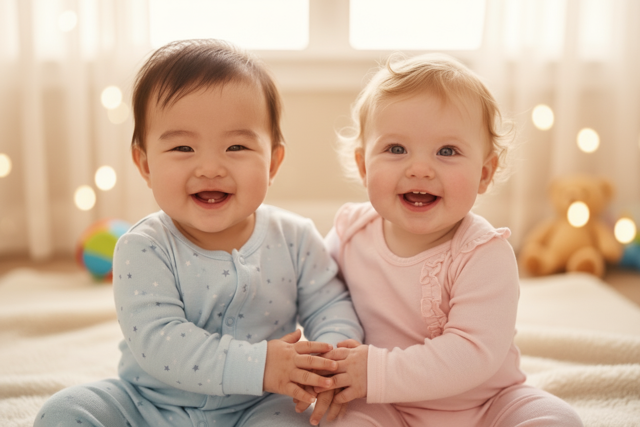 Generiere ein Bild von zwei süssen Babys -einem asiatischen + hellem Baby